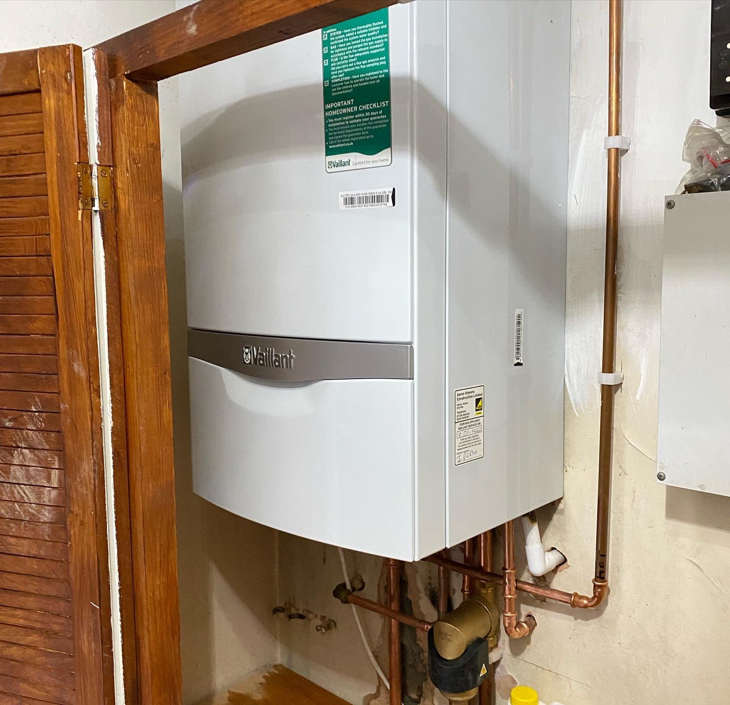 Completed Vaillant boiler installation with new copper pipework